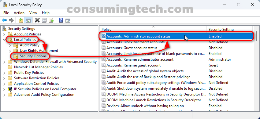 Windows 11: Local Security Policy > Accounts: Administrator account status