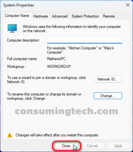 Windows 11: Save changes to System Properties dialog