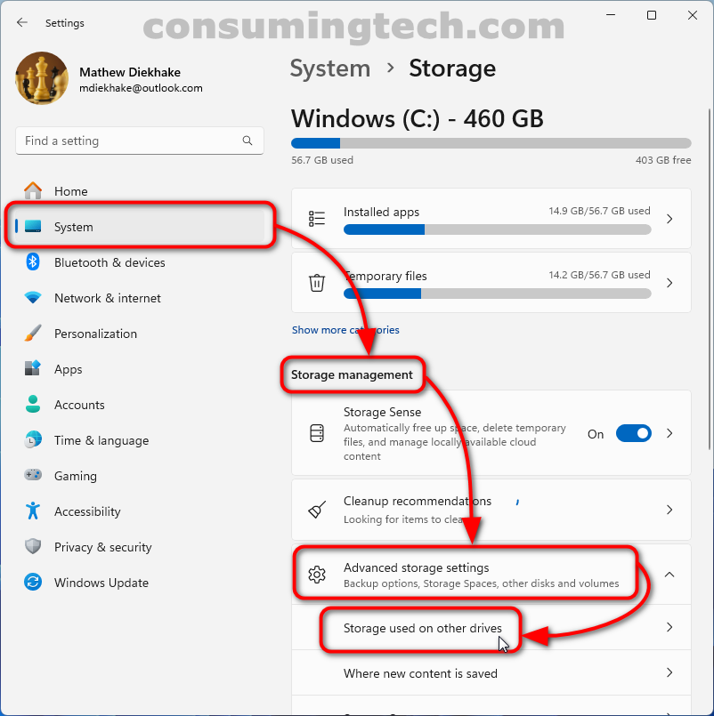 Windows 11: Settings > System > Storage > Advanced storage settings > Storage used on other drivers