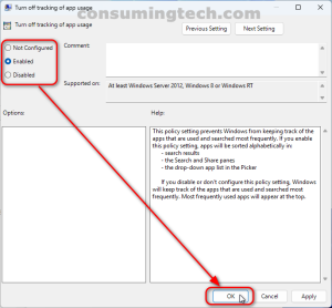 Turn off tracking of app usage policy: enable, disable, not configured