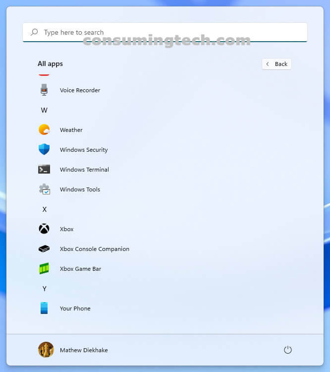 The list of All apps in the Windows 11 Start Menu