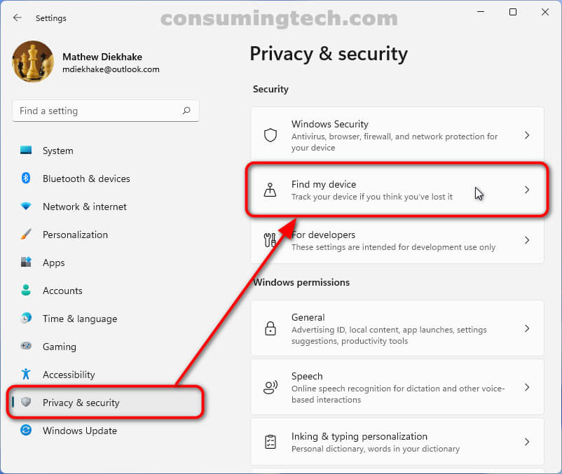 Settings > Privacy and Security > Find My Device