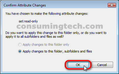 Confirm Attribute Changes: Apply changes to this folder, subfolders and files
