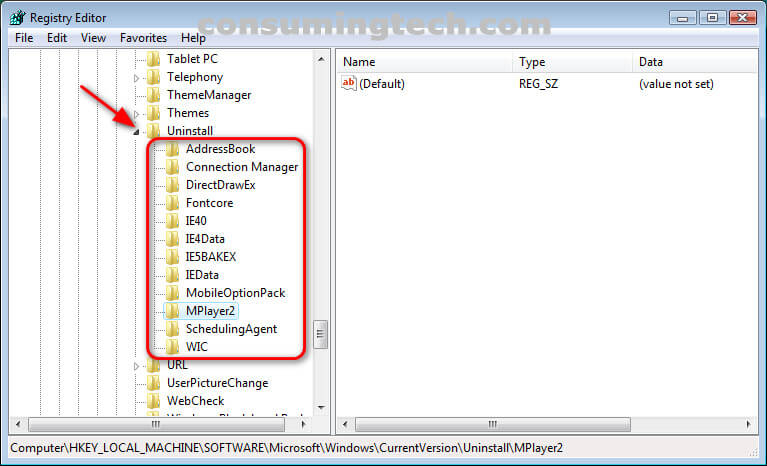 Vista: Uninstall program list in Registry Editor