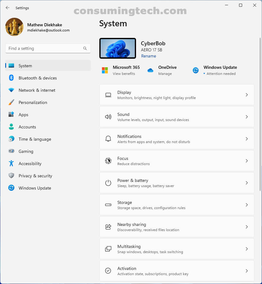 Windows 11: Settings app > System