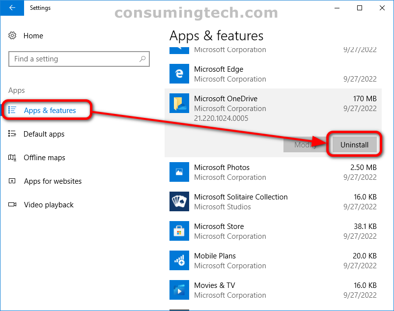 Windows 10: Settings > Apps and Features > Microsoft OneDrive > Uninstall