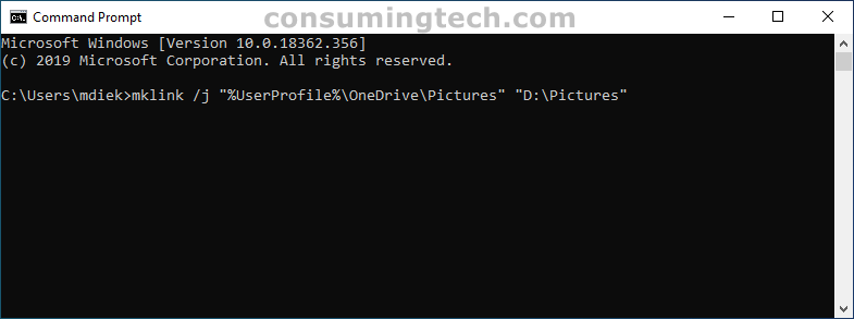 CMD: mklink /j "%UserProfile%\OneDrive\Pictures" "D:\Pictures"