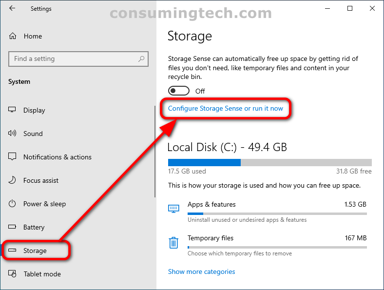 Windows 10: Settings > Storage > Configure Storage Sense or run it now