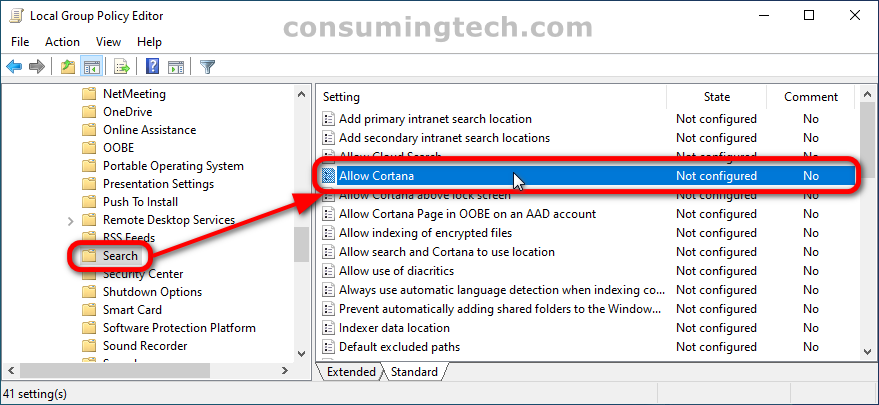 Local Group Policy Editor: Search > Allow Cortana