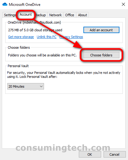 Microsoft OneDrive: Account > Choose folders