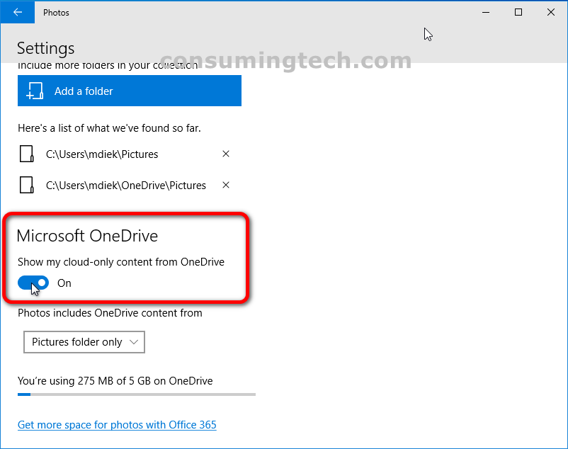 Windows 10: Photos app > Settings > Microsoft OneDrive > Show my cloud-only content from OneDrive