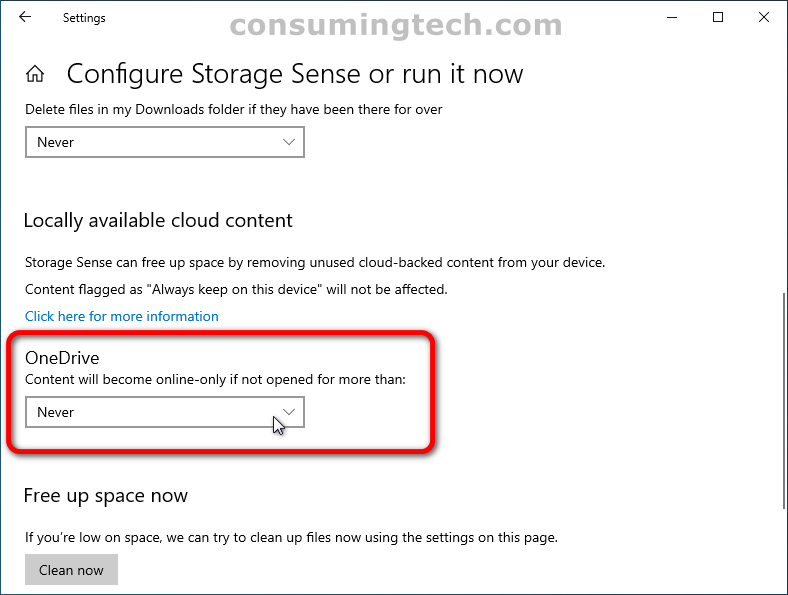 Windows 10: Configure Storage Sense > OneDrive online-only