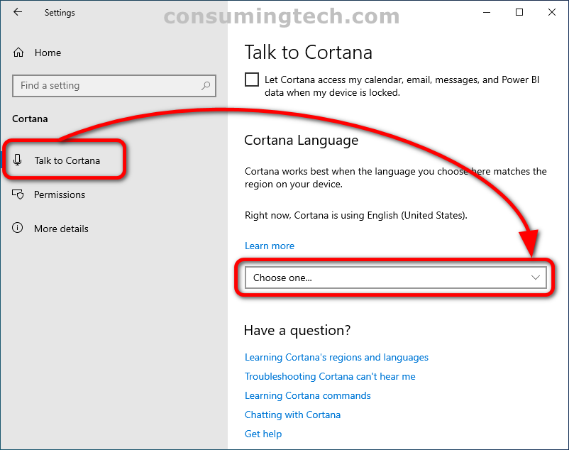 Windows 10: Settings > Talk to Cortana > Language > Choose one