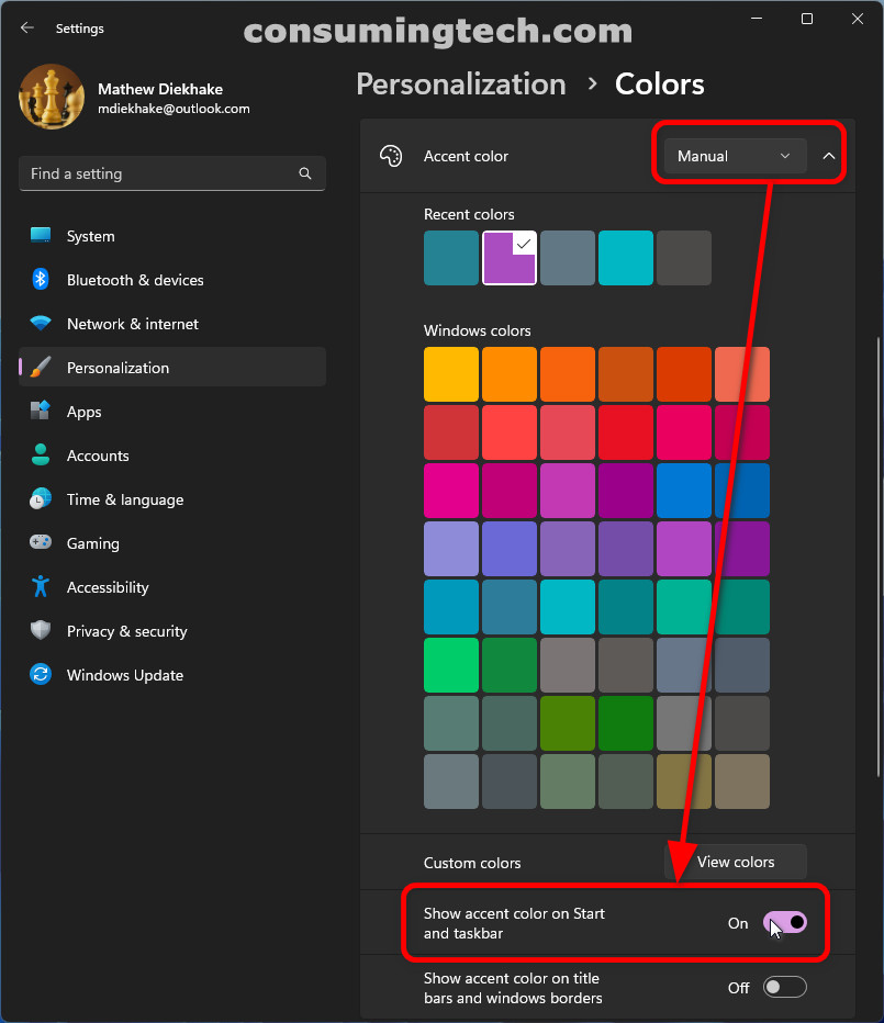 Windows 11: Personalization > Accent color > Manual 