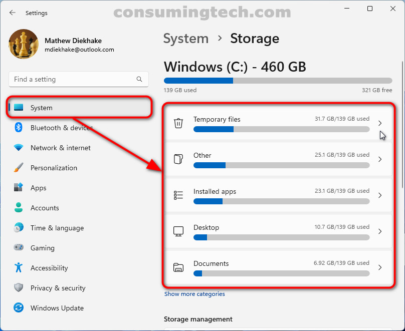 Windows 11: System > Storage > temporary files/show more categories