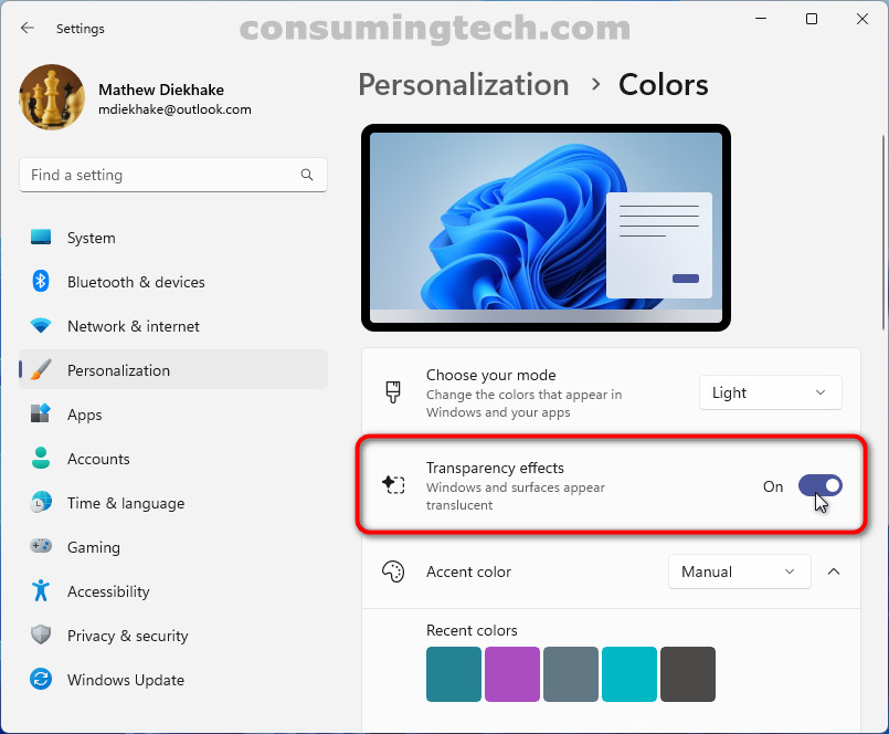 Windows 11: Personalization > Transparency effects