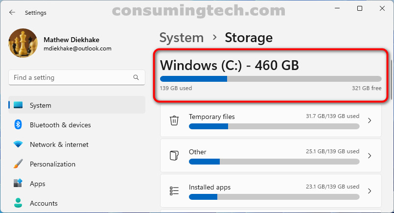 Windows 11: System > Storage > Windows hard disc space
