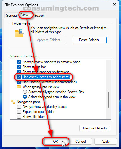 Windows 11: File Explorer Options > Use check boxes to select items