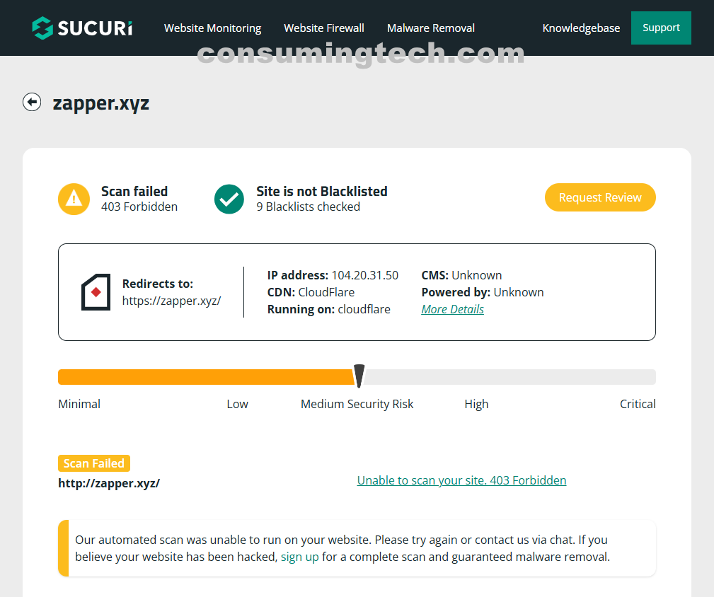 Zapper Sucuri results